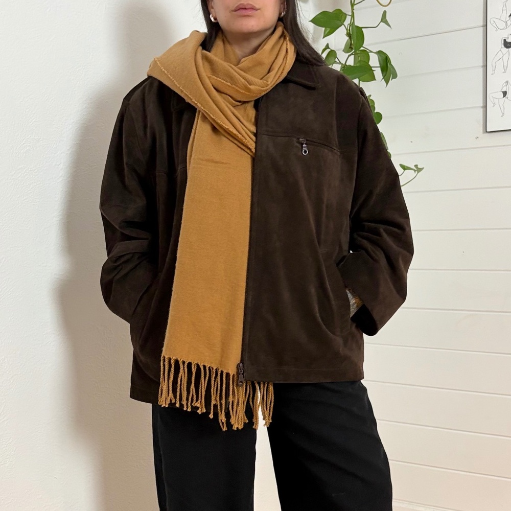 Reclaimed vintage tan knit fringe scarf